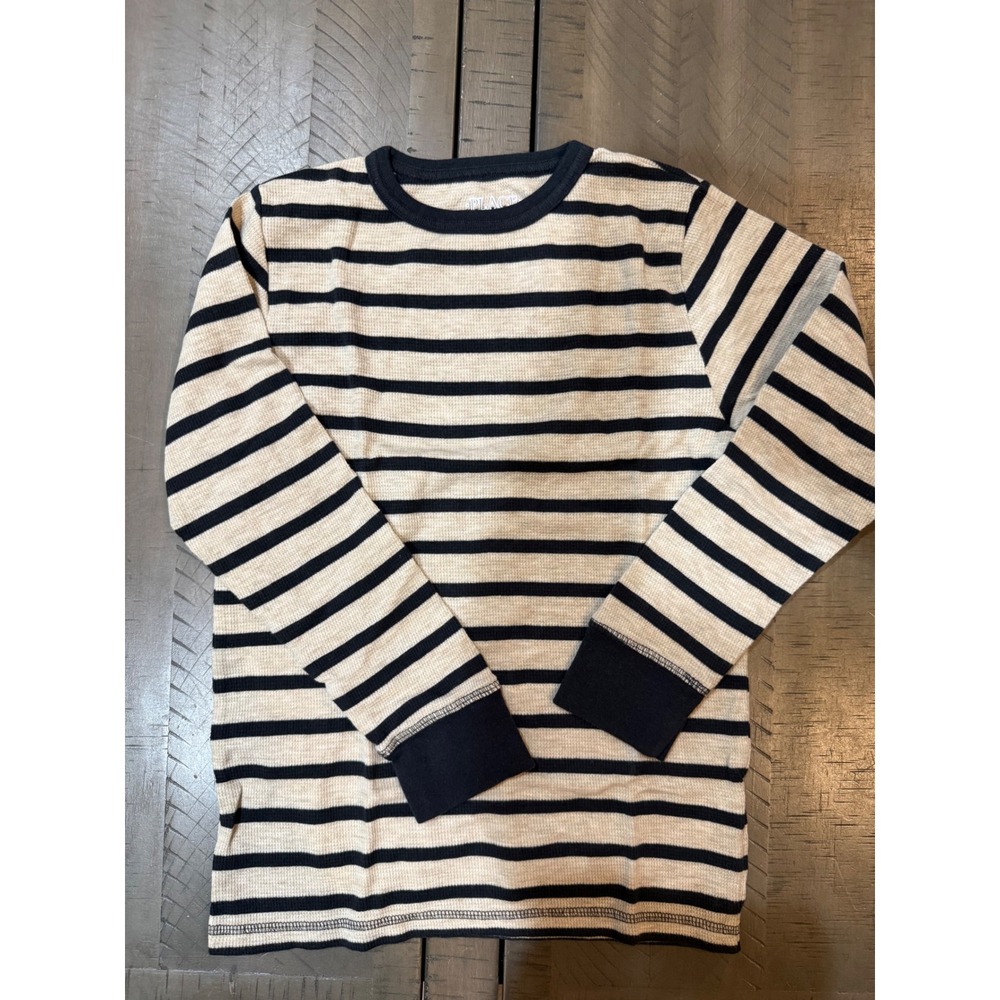 Children's Place Boys Striped Thermal Long Sleeve Shirt Oatmeal Navy M 7/8 NWT